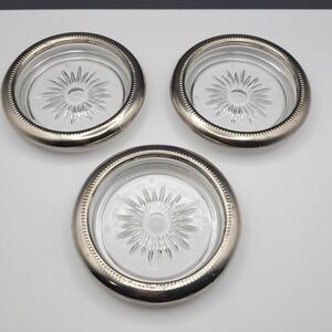 Leonard Silverplate Glass Coasters Set of 3 Made in Italy Sunburst Beaded Rim